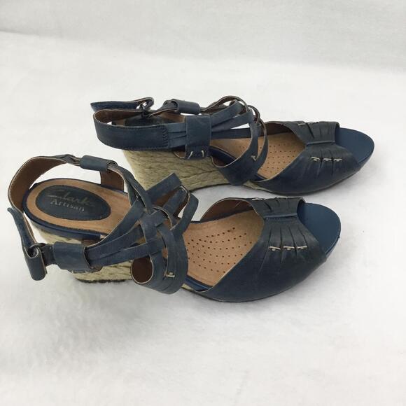 Clarks Artisan Strappy Sandals Blue Leather Wedge Sz 8.5 - Picture 5 of 7